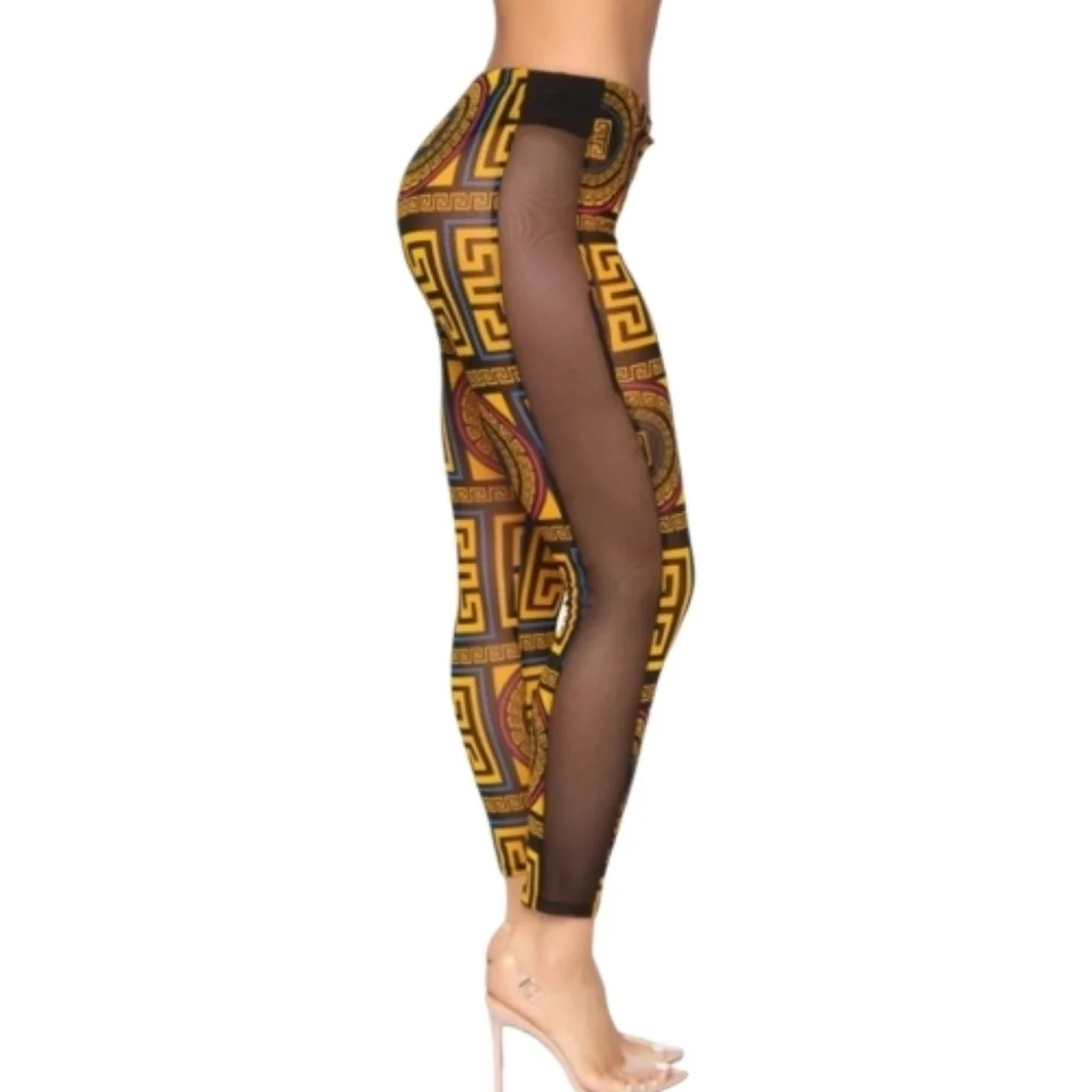 Fashion Nova Black and Gold Geometric Mesh Leggings. Size M.